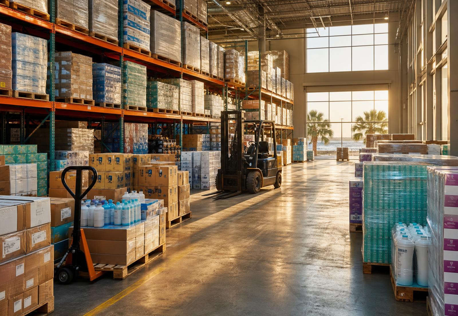 Palletized wholesale inventory staged in a coastal North Carolina distribution warehouse